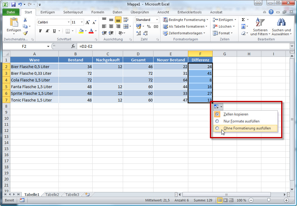 Excel - Auswahlbutton für Kopier Optionen