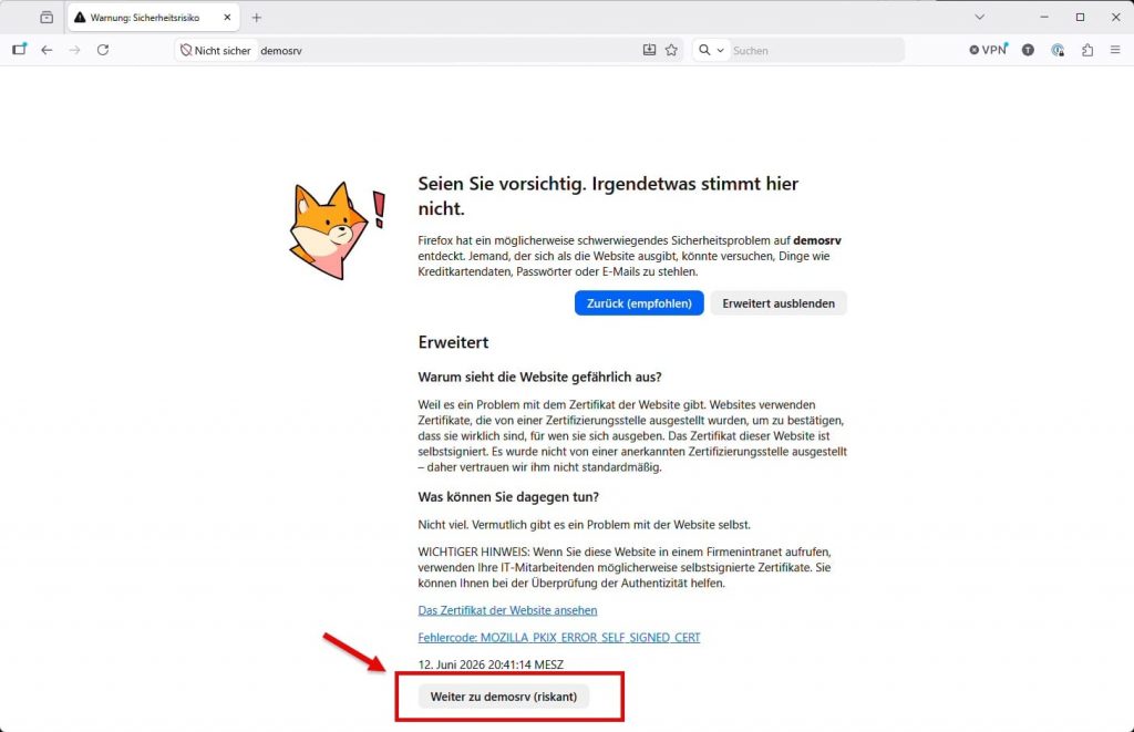 Apache HTTPS Sicherheitsausnahme Firefox bestätigen