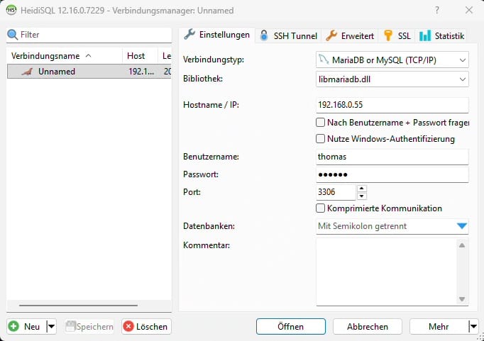 HeidiSQL Anmeldung an MariaDB-Server