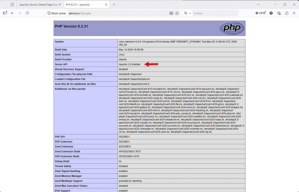 PHP-Info-Ausgabe Apache Handler Test