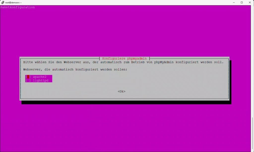 PHPMyAdmin Installation Webserver-Typ Apache auswählen