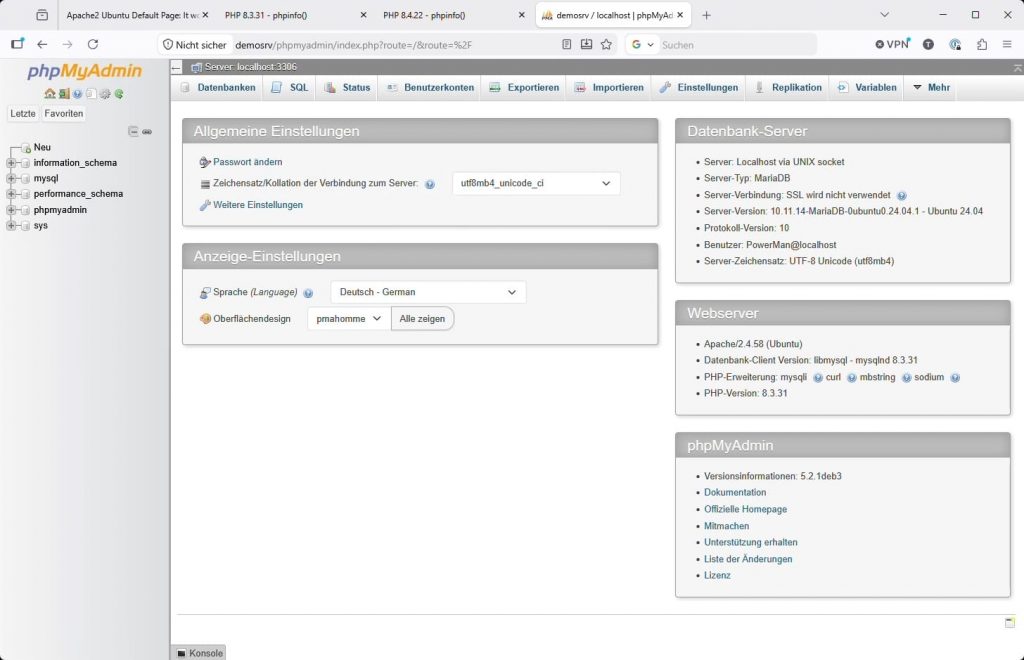 PHPMyAdmin Startseite Login