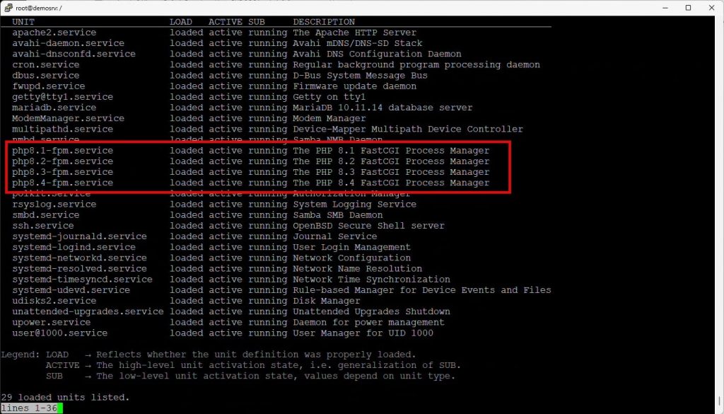Ubuntu aktive Systemdienste PHP-FPM Übersicht