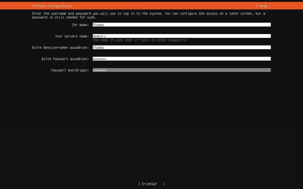 Ubuntu Server Benutzername und Passwort eingeben