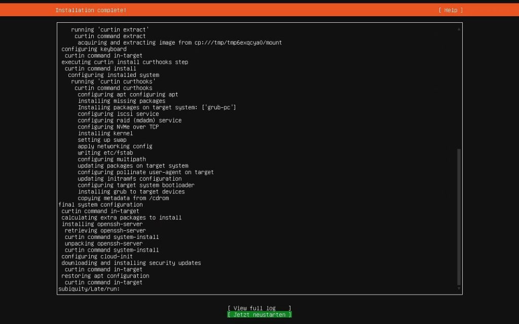 Ubuntu Server Installation abgeschlossen Neustart