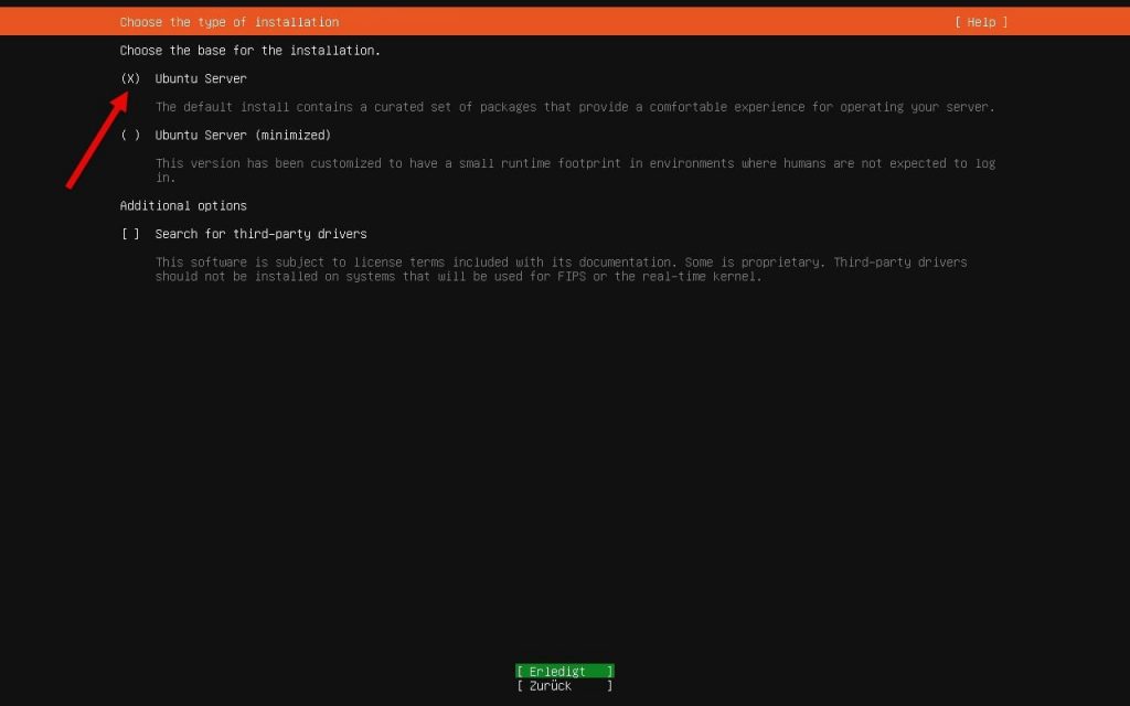 Ubuntu Server Standardinstallation auswählen