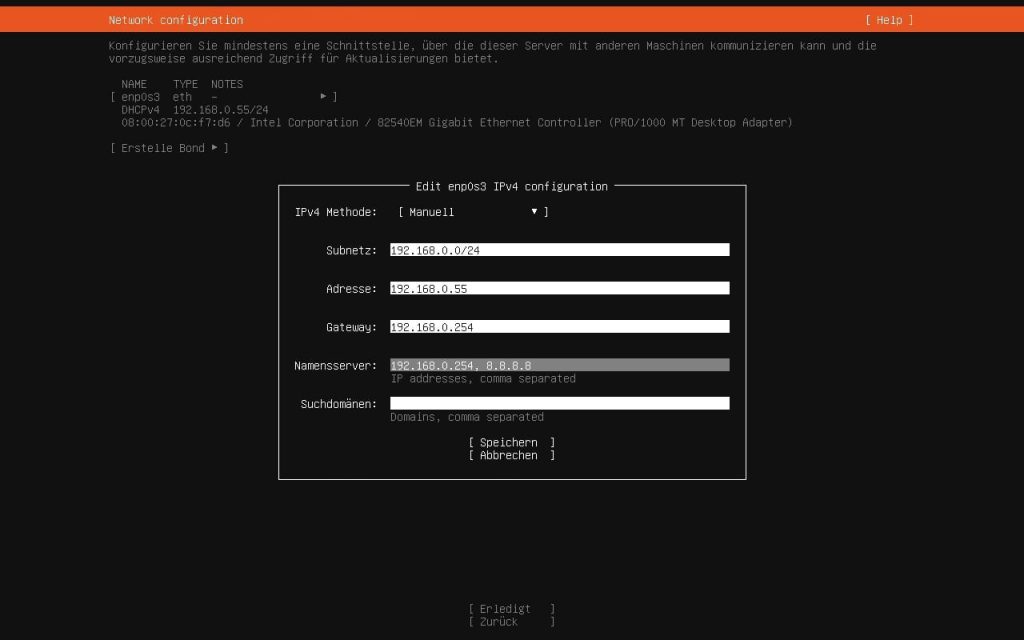 Ubuntu Server Netzwerkdaten IP-Adresse eingeben