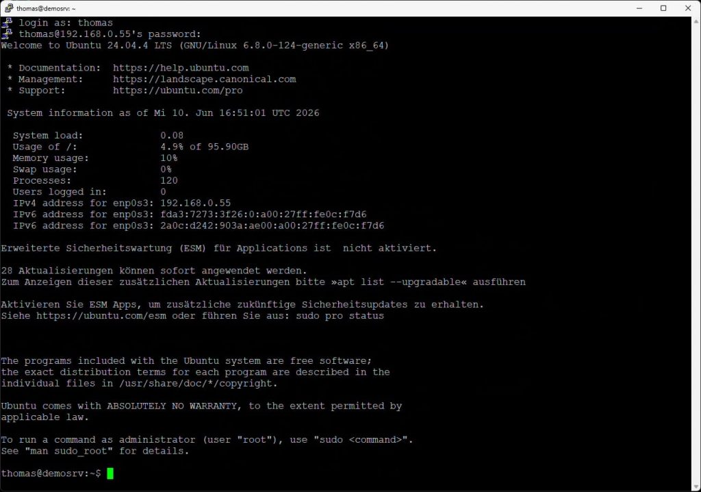 Ubuntu Server Putty SSH-Verbindung Systeminfo