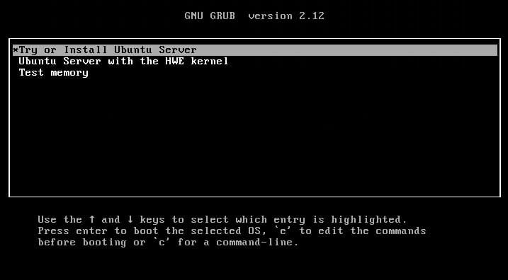 Ubuntu Server Installationsmenü Startbildschirm