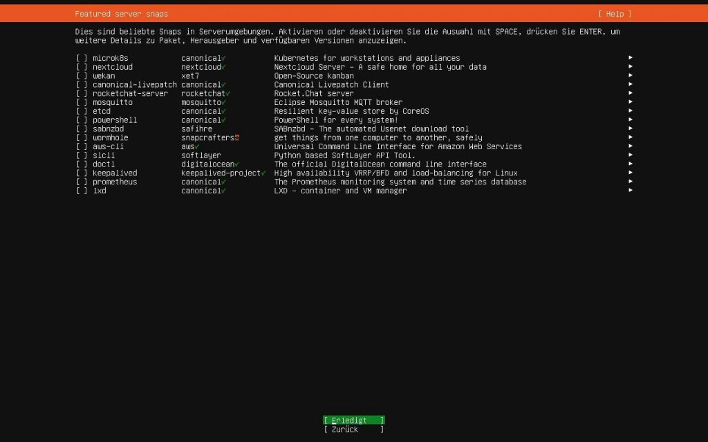 Ubuntu Server zusätzliche Softwareauswahl