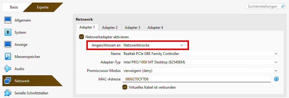 VirtualBox Netzwerkeinstellung Bridge-Modus