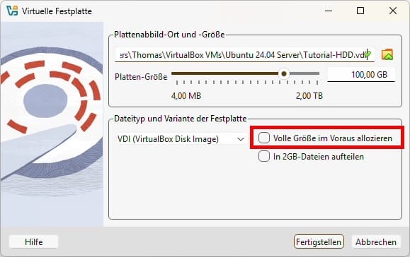 VirtualBox virtuelle Festplatte dynamisch erstellen