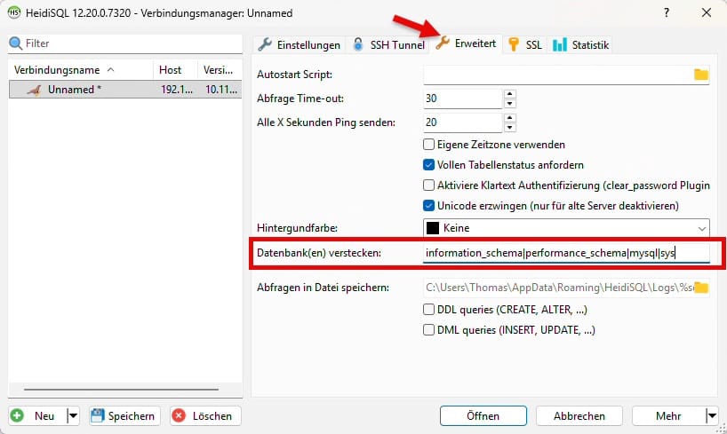HeidiSQL Datenbanken verstecken erweiterte Einstellung