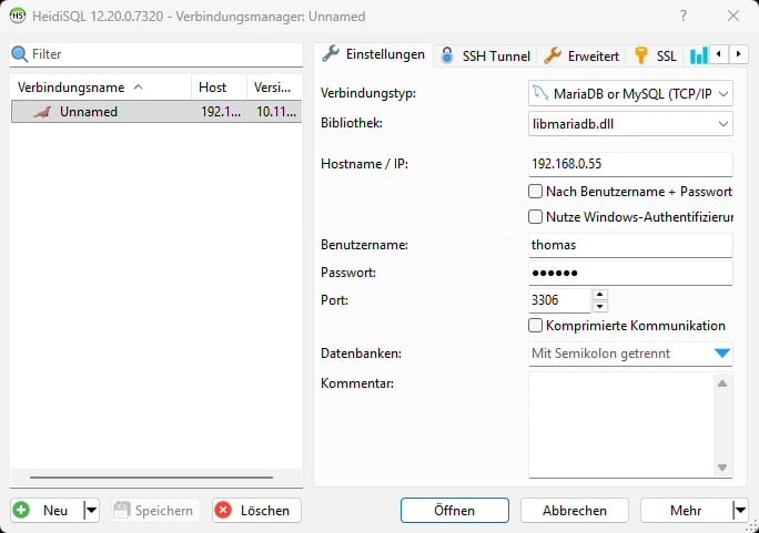HeidiSQL Verbindung zu MariaDB-Server anlegen