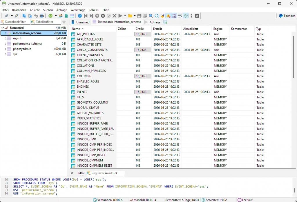 HeidiSQL Oberfläche Datenbanken Seitenleiste