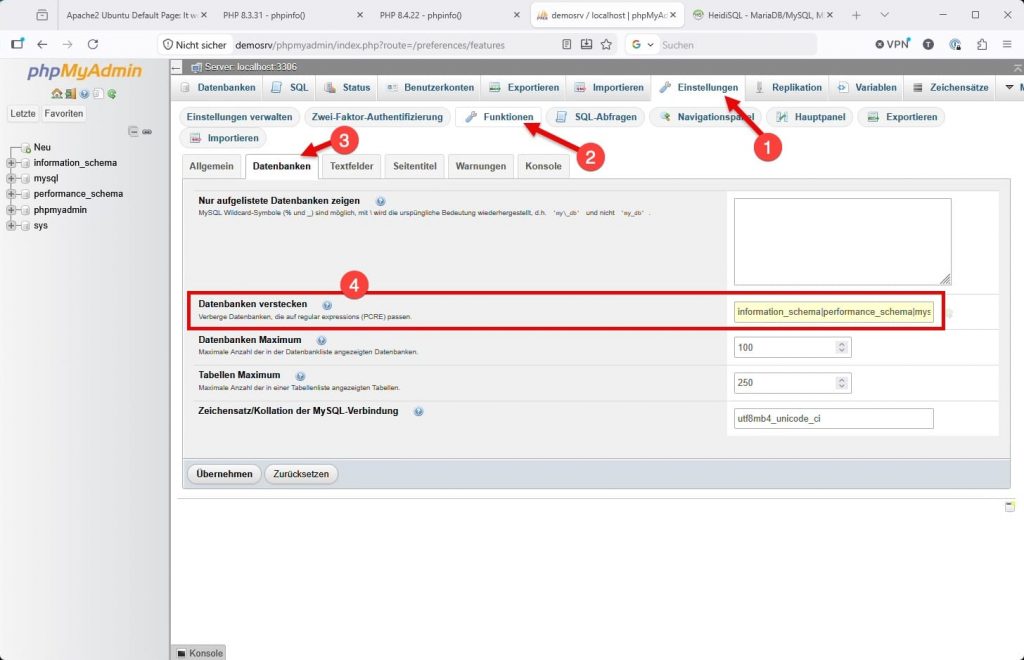 PHPMyAdmin Datenbanken ausblenden Einstellung