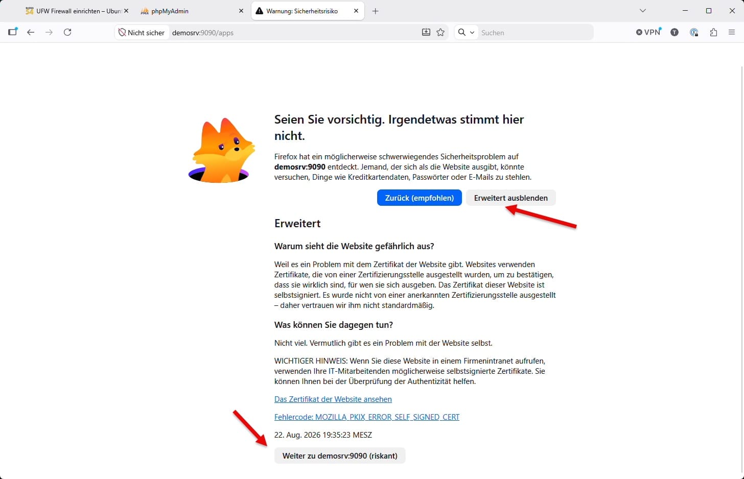 Sicherheitswarnung des Browsers wegen des selbstsignierten Cockpit-Zertifikats