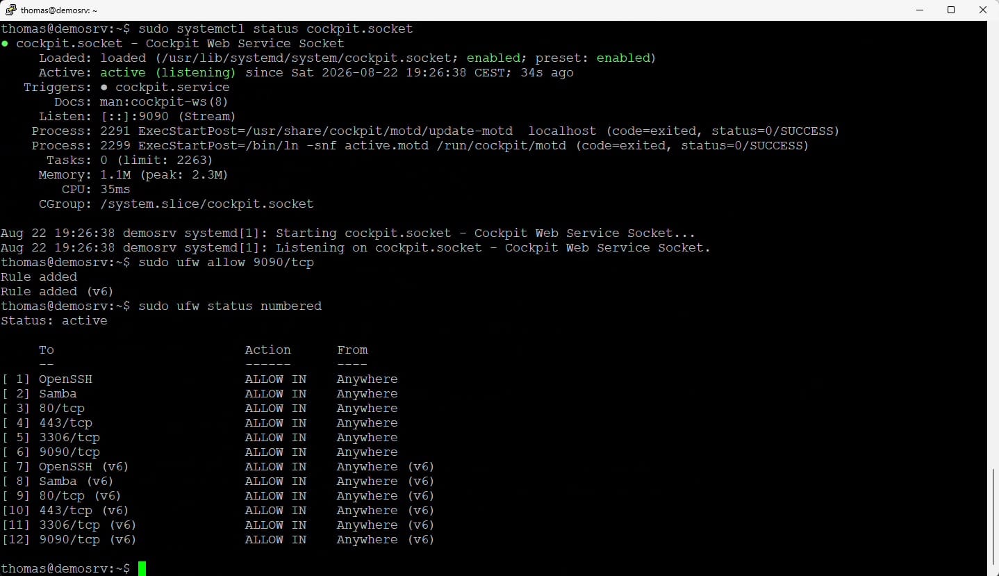 Terminalausgabe von „sudo ufw status numbered" mit der Freigabe für Port 9090