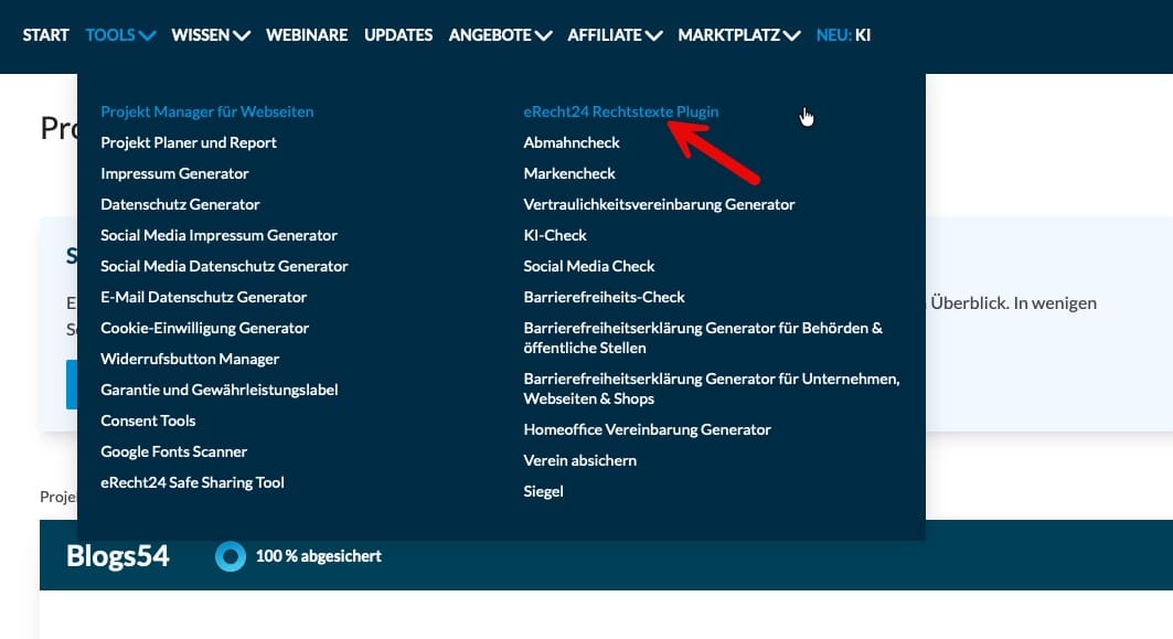 eRecht24 Premium: Menü Tools mit Link zum eRecht24 Rechtstexte Plugin